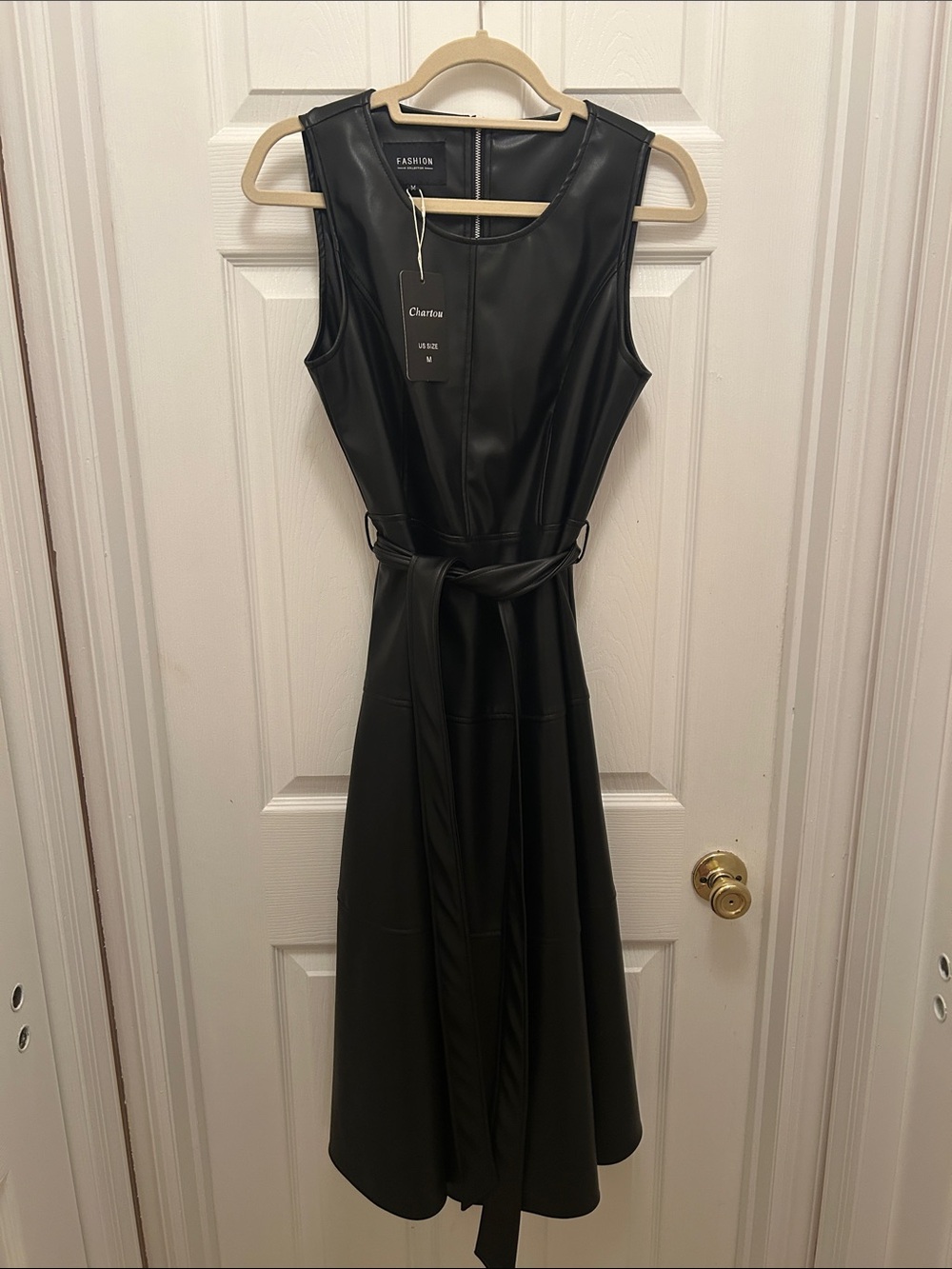 Black Faux Leather Sleeveless Midi Dress with Waist Tie - Picture 4 of 8